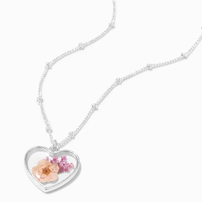 Silver Pressed Flower Heart Pendant Necklace