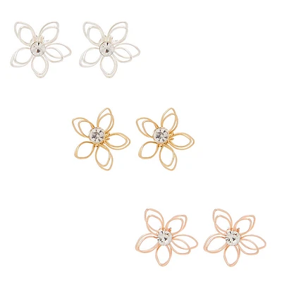 Mixed Metal Wired Flower Stud Earrings - 3 Pack