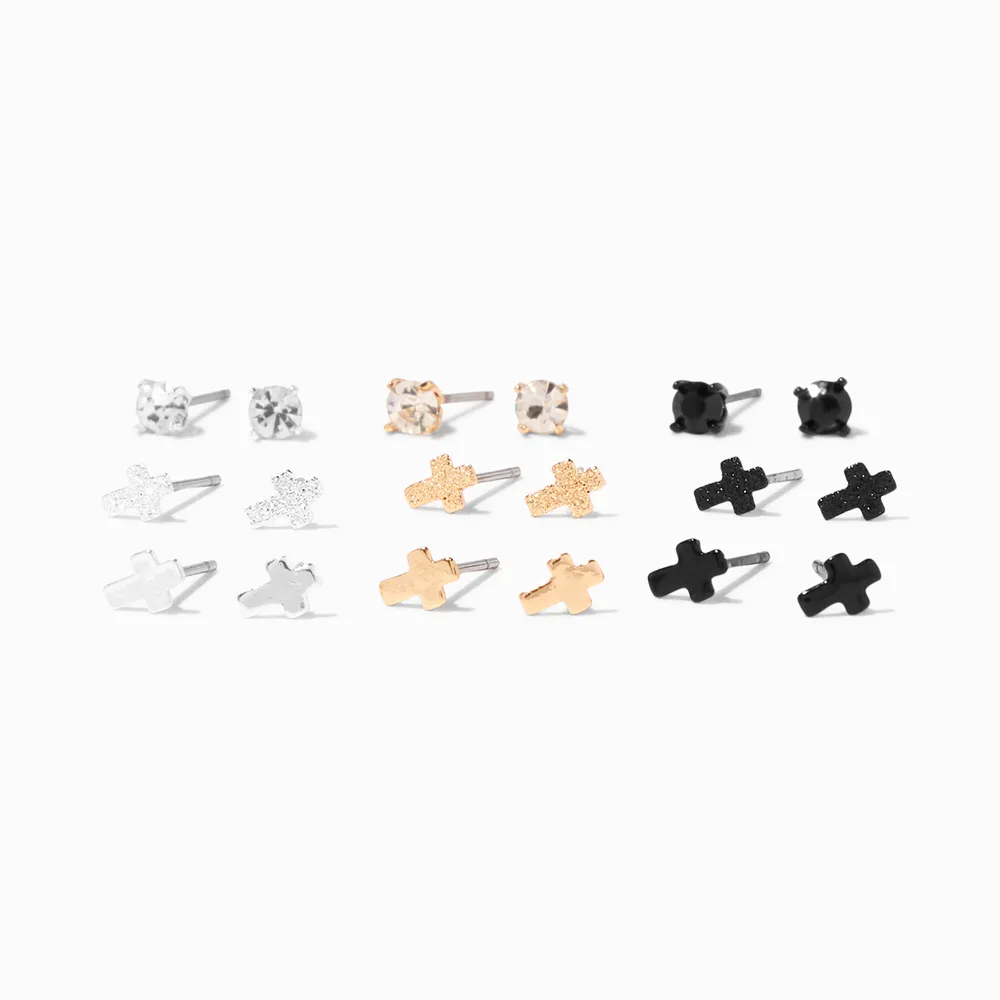 Mixed Metal Cross Stud Earrings - 9 Pack