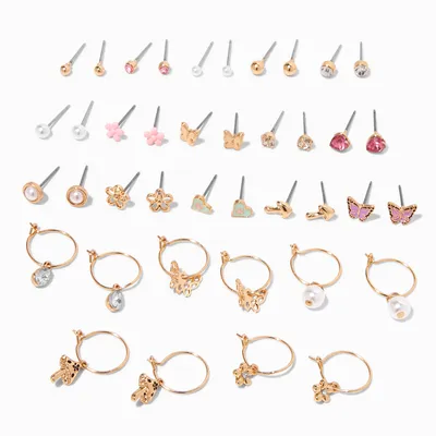 Pastel Studs & Gold Charm Hoop Earrings - 20 Pack