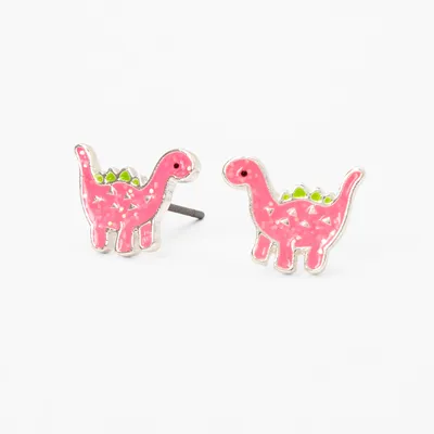 Pink Dinosaur Silver Stud Earrings