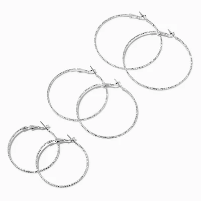 Silver-tone Textured Graduated Hoop Earrings - 3 Pack