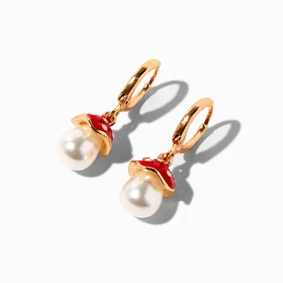 Gold 20MM Red Mushroom Pearl Huggie Hoop Earrings