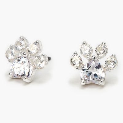 Silver Cubic Zirconia Paw Print Stud Earrings - 10MM