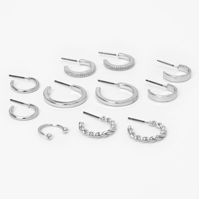 Silver Mixed Hoop Earrings and Ear Cuff Set - 6 Pack
