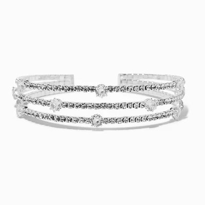 Silver-tone Rhinestone Triple-Row Cuff Bracelet