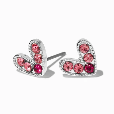 Silver-tone Pink Crystal Heart Stud Earrings