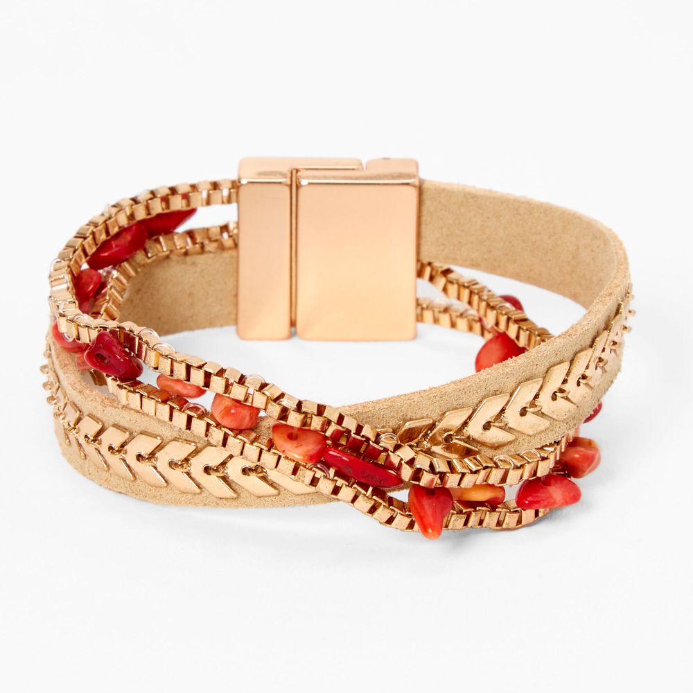 Gold Stone Suede Wrap Bracelet - Red