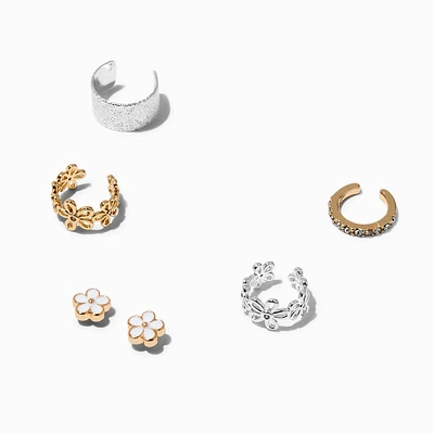 Silver-tone Daisy Stud & Ear Cuff Earrings Stackables - 6 Pack