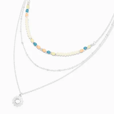 Silver Coin Pendant Color Beaded Multi-Strand Necklace