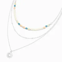 Silver Coin Pendant Color Beaded Multi-Strand Necklace