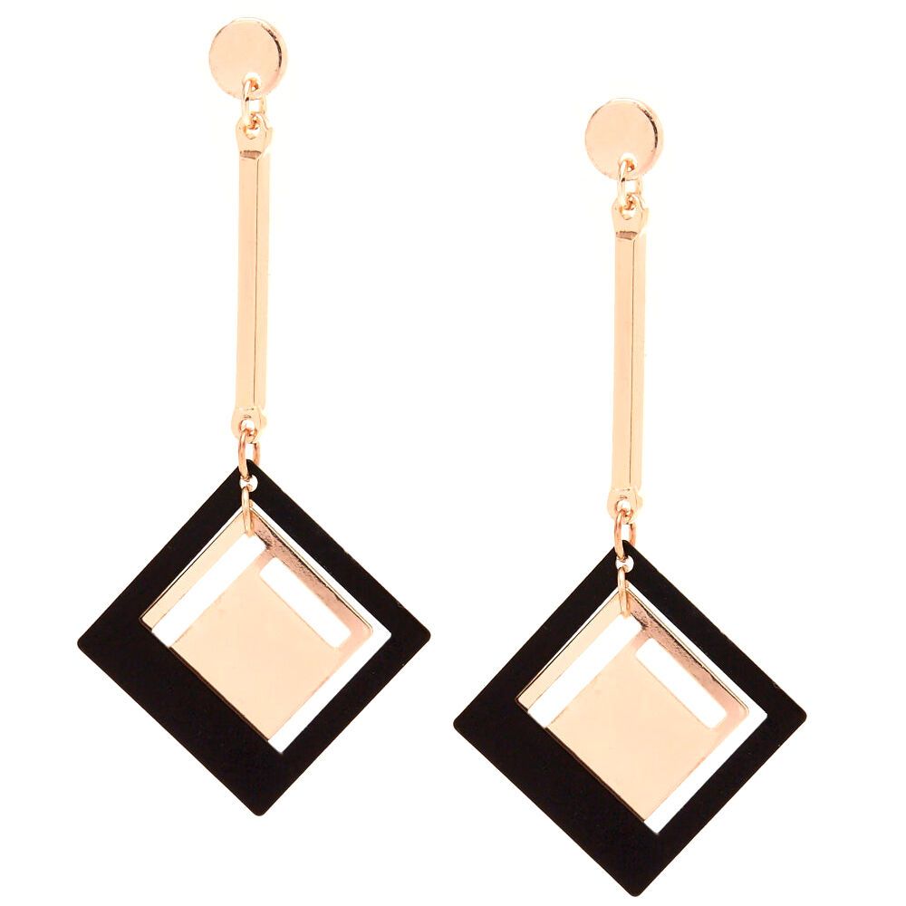 Rose Gold-Tone & Black Geometric Drop Earrings