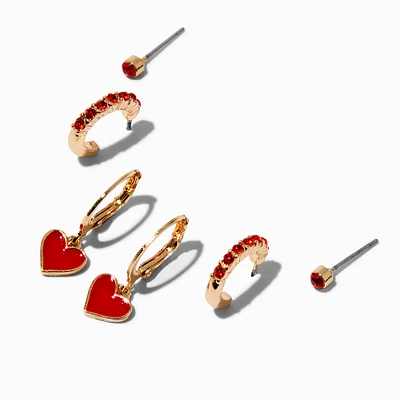 Red Heart & Gemstone Mixed Earring Stackables Set - 3 Pack