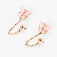 Pink Butterfly Gold Connector Chain Stud Earrings