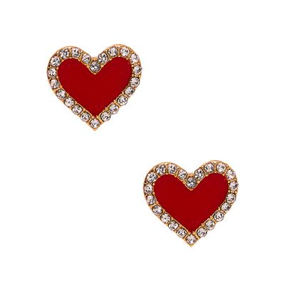 Gold Crystal Heart Stud Earrings - Red