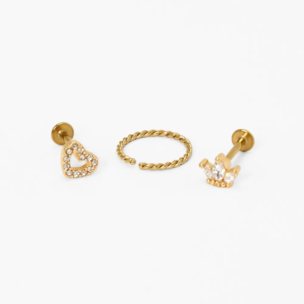 Gold Crown & Heart Mixed Tragus Earrings - 3 Pack