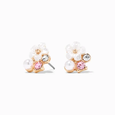 Gold Pearl Pink Flower Cluster Stud Earrings