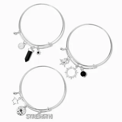 Silver Strength Charms Adjustable Bangle Bracelets - 3 Pack
