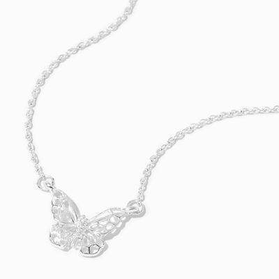 Silver Filigree Cutout Butterfly Pendant Necklace