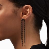 Black Rhinestone 4" Horse Tail Fringe Drop Earrings