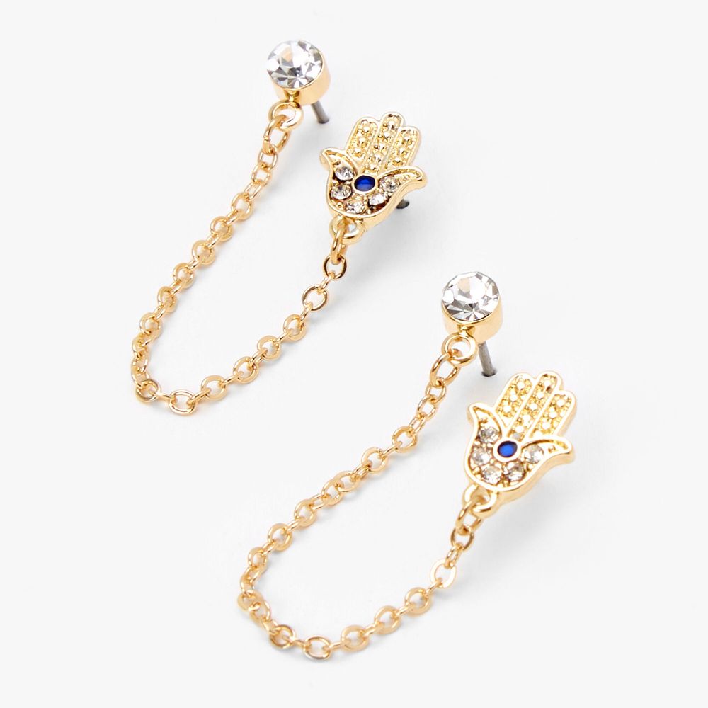 Gold Hamsa Hand Crystal Connector Stud Earrings