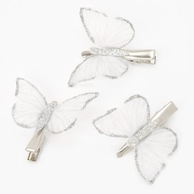 Silver Glitter Butterfly Hair Clips - Clear, 3 Pack