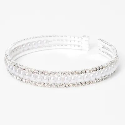 Silver Rhinestone & Pearl Triple Row Cuff Bracelet