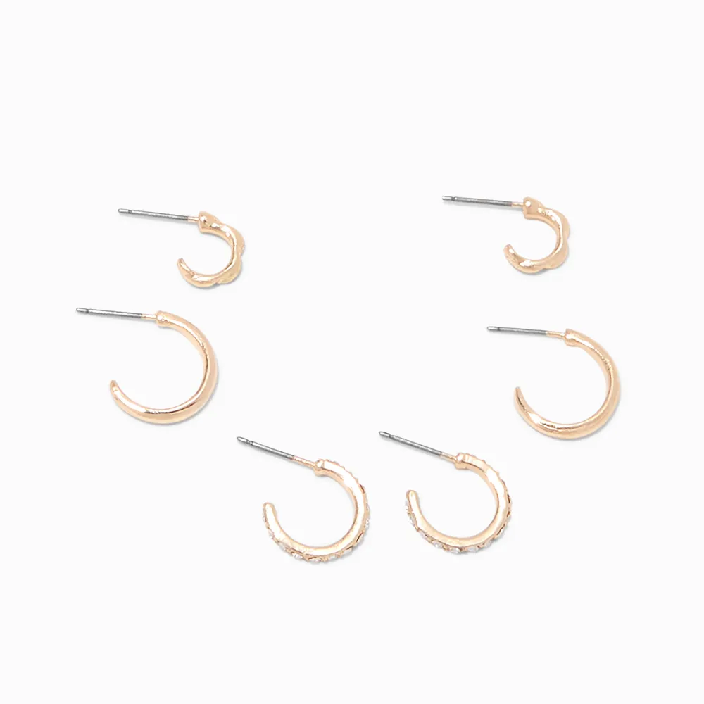 Gold Graduated Embellished Huggie Hoop Earring Stackables Set - 3 Pack