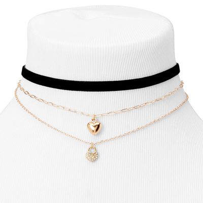 Gold Heart Locket Cord Chain Choker Necklaces - 3 Pack