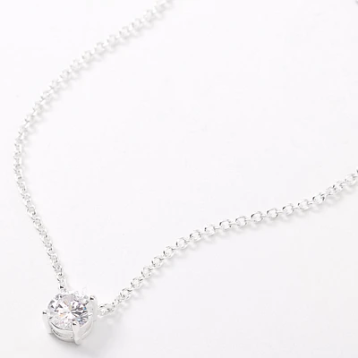 Silver Cubic Zirconia 6MM Single Rhinestone Pendant Necklace