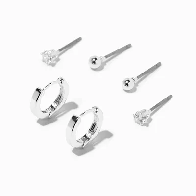 Silver Stud & Huggie Hoop Earring Stackables Set - 3 Pack