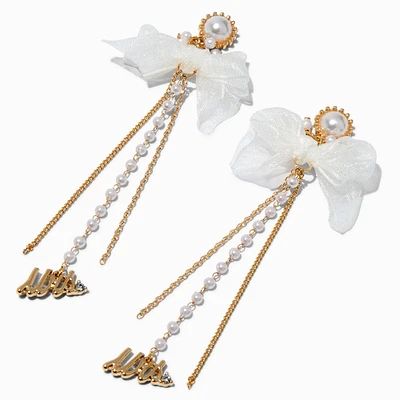 "Mrs." White Bow & Pearl 4" Linear Drop Earrings