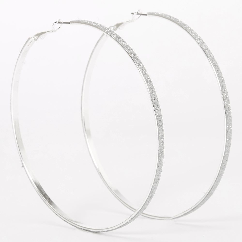 Silver 80MM Glitter Thin Hoop Earrings