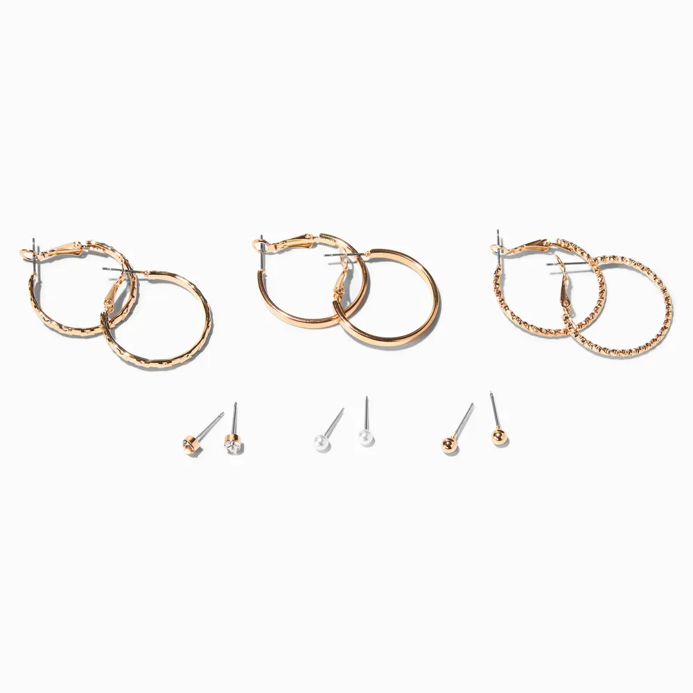 Gold Textured Hoop & Studs Earrings Set - 6 Pack