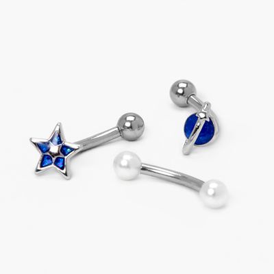 Silver 16G Crystal Pearl Rook Earrings - Blue, 3 Pack