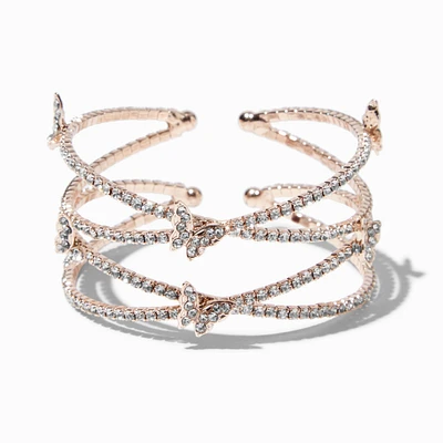 Rhinestone Butterfly Rose Gold-tone Criss Cross Cuff Bracelet