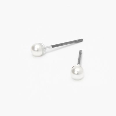 Silver Pearl Stud Earrings - White, 3MM