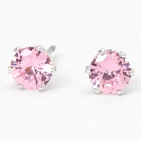 Silver Cubic Zirconia Round Stud Earrings - Pink, 5MM