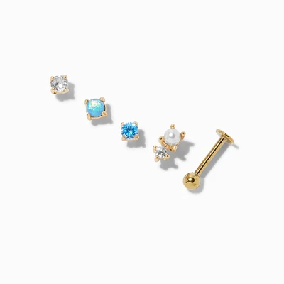 Gold-tone Stainless Steel 16G Aqua Changeable Tragus Flat Back Earrings - 5 Pack