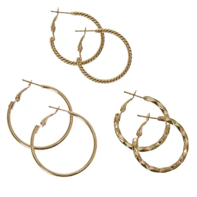 Gold Tone Graduated Textured Hoop Earrings - 3 Pack