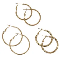 Gold Tone Graduated Textured Hoop Earrings - 3 Pack