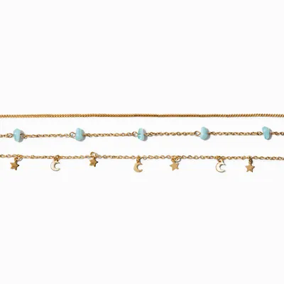 Blue Bead & Gold Celestial Choker Necklaces - 3 Pack