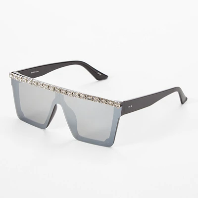 Rhinestone Browline Black & Gray Shield Sunglasses