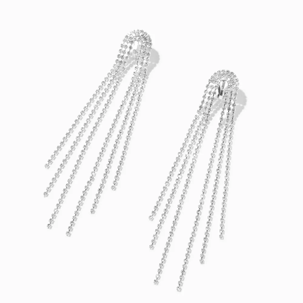 Silver Rhinestone 4" Horse Tail Fringe Drop Earrings