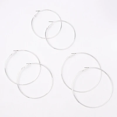 Silver-tone 60MM, 70MM, 80MM Hoop Earrings - 3 Pack