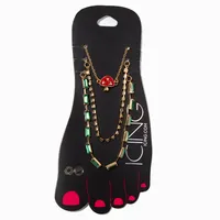Red Mushroom, Green Baguette, Crystal Chain Anklets - 3 Pack