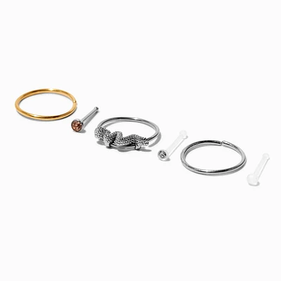 Mixed Metal 20G Retainer Stud & Snake Hoop Nose Rings - 6 Pack