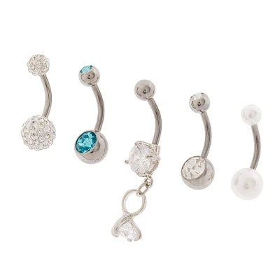 Silver Bridal Bling Belly Rings - 5 Pack