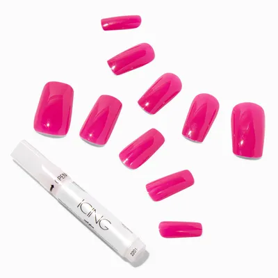 Hot Pink Glossy Long Square Vegan Faux Nail Set - 24 Pack