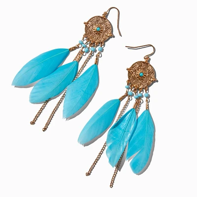 Blue Feather 6" Gold-tone Drop Earrings